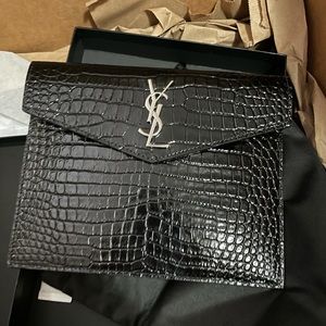 Authentic Brand New Saint Laurent Black Croc Embossed Baby Uptown Pouch